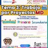Portada a todo color para el "Tema 3: Trabajo por Proyectos MD", que incluye logotipos, niveles escolares (Preescolar, Primaria, Secundaria), orientación para una sesión del consejo y el curso escolar 2025-2026, con la marca oficial de educación.