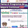 Diapositiva con texto a color sobre el programa educativo mexicano de mejora continua para los niveles preescolar, primaria y secundaria, incluyendo logotipos, íconos y ciclo 2025-2026. Se aprecia un botón de descarga y sellos oficiales.