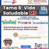 Portada de un documento educativo mexicano titulado "Tema 6: Vida Saludable MD" para preescolar, primaria y secundaria. Incluye el año escolar 2025-2026, logotipos del gobierno y la marca "Nueva Escuela Mexicana Digital".