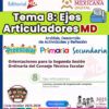 Cartel digital para escuelas mexicanas titulado "Tema 8: Ejes Articuladores MD" para preescolar, primaria y secundaria, con logotipos, gráficos de alumnos y un botón "Descargar aquí" para el ciclo escolar 2025-2026.
