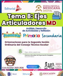 Cartel digital para escuelas mexicanas titulado "Tema 8: Ejes Articuladores MD" para preescolar, primaria y secundaria, con logotipos, gráficos de alumnos y un botón "Descargar aquí" para el ciclo escolar 2025-2026.