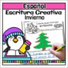 Un pingüino de dibujos animados con gorro de invierno escribe en un cuaderno. A su lado, una hoja de trabajo titulada "Cosas que hicimos en familia" muestra el dibujo de un árbol de Navidad y la mano de un niño escribiendo en español.
