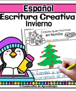 Un pingüino de dibujos animados con gorro de invierno escribe en un cuaderno. A su lado, una hoja de trabajo titulada "Cosas que hicimos en familia" muestra el dibujo de un árbol de Navidad y la mano de un niño escribiendo en español.