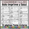 Escritura Creativa Temas Invierno Primer Grado Primaria 5 Portada de hoja de trabajo en blanco y negro con 15 sugerencias de escritura de temática invernal para niños, con dibujos sencillos de niños y títulos como