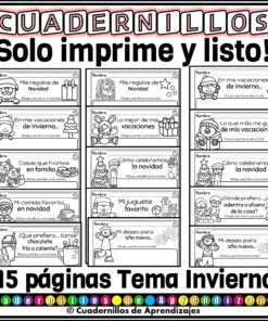Portada de hoja de trabajo en blanco y negro con 15 sugerencias de escritura de temática invernal para niños, con dibujos sencillos de niños y títulos como 