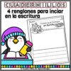 Escritura Creativa Temas Invierno Primer Grado Primaria 6 Un pingüino de dibujos animados con sombrero morado sostiene un lápiz junto a una hoja de trabajo titulada