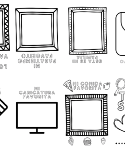 Una imagen que muestra dibujos de varios marcos de fotos con texto debajo de cada marco. El texto incluye indicaciones en español como 