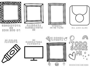 Una imagen que muestra dibujos de varios marcos de fotos con texto debajo de cada marco. El texto incluye indicaciones en español como "Mi comida favorita", "Mi color favorito" y "Todo sobre mi Minilibro", animando a los usuarios a completar sus cosas favoritas y detalles personales.