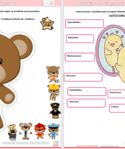 Pantalla dividida: en el lado izquierdo se muestra un gran osito de peluche marrón con varios personajes de dibujos animados más pequeños, como un oso con uniforme de policía y otro disfrazado de superhéroe en la parte inferior. El lado derecho es una hoja de trabajo en blanco titulada “Autoconocimiento” con cuadros etiquetados para atributos personales.
