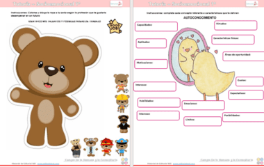 Pantalla dividida: en el lado izquierdo se muestra un gran osito de peluche marrón con varios personajes de dibujos animados más pequeños, como un oso con uniforme de policía y otro disfrazado de superhéroe en la parte inferior. El lado derecho es una hoja de trabajo en blanco titulada “Autoconocimiento” con cuadros etiquetados para atributos personales.