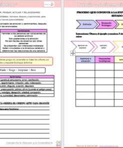 Dos páginas de una hoja de trabajo de tutoría socioemocional en español. La página de la izquierda tiene cuadros de texto y gráficos para actividades de aprendizaje emocional. La página derecha muestra un diagrama de flujo relacionado con la comprensión de las emociones e incluye una tabla para registrar información.