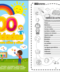 Colorida portada de un libro de actividades para niños titulado "500 Actividades para niñas y niños" con niños sonrientes, un arco iris y nubes. Al lado, la página del índice con las distintas secciones de actividades.