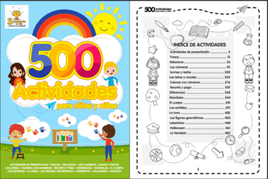 Colorida portada de un libro de actividades para niños titulado "500 Actividades para niñas y niños" con niños sonrientes, un arco iris y nubes. Al lado, la página del índice con las distintas secciones de actividades.