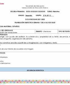 Un documento impreso de la Secretaría de Educación que describe un plan de enseñanza para una clase de español en una escuela primaria (Plan de Reforzamiento 1° a 6° de PRIMARIA). Incluye secciones sobre habilidades lingüísticas prácticas, resultados de aprendizaje esperados, criterios de evaluación y recursos necesarios.
