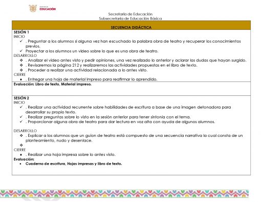 Un documento titulado “Plan de Reforzamiento CUARTO de Primaria (04 a 22 de julio 2022)” con dos sesiones que detallan actividades para la enseñanza del teatro en un aula de CUARTO de Primaria. Incluye secciones de "INICIO" (inicio), "DESARROLLO" (desarrollo) y "CIERRE" (cierre) para cada sesión, con los materiales requeridos listados en la parte inferior.
