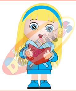 Caricatura de una joven de cabello rubio y vestido azul, sorprendida mientras su mochila derrama libros y útiles escolares sobre un SET DE LOS DETALLITOS CANTANDO VILLANCICOS FONDO TRANSPARENTE. Coloridas formas geométricas adornan el fondo.