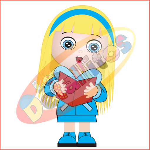 Caricatura de una joven de cabello rubio y vestido azul, sorprendida mientras su mochila derrama libros y útiles escolares sobre un SET DE LOS DETALLITOS CANTANDO VILLANCICOS FONDO TRANSPARENTE. Coloridas formas geométricas adornan el fondo.