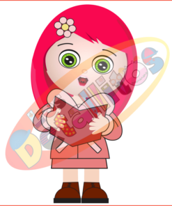 Una niña de dibujos animados con cabello rojo brillante y ojos verdes, con una diadema rosa y un vestido naranja, sosteniendo un libro con una cubierta de corazón, frente a gráficos de fondo transparente de planetas y cohetes en el SET DE LOS DETALLITOS CANTANDO VILLANCICOS FONDO TRANSPARENTE.