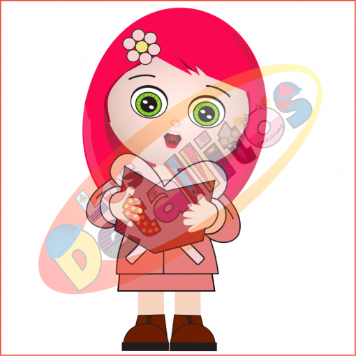 Una niña de dibujos animados con cabello rojo brillante y ojos verdes, con una diadema rosa y un vestido naranja, sosteniendo un libro con una cubierta de corazón, frente a gráficos de fondo transparente de planetas y cohetes en el SET DE LOS DETALLITOS CANTANDO VILLANCICOS FONDO TRANSPARENTE.