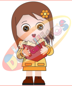 Caricatura de una niña de cabello castaño, vestida con un traje amarillo y zapatos marrones, comiendo con avidez palomitas de maíz de un gran cubo rojo rodeada por un remolino multicolor y cantando villancicos del SET DE LOS DETALLITOS CANTANDO VILLANCICOS FONDO TRANSPARENTE.