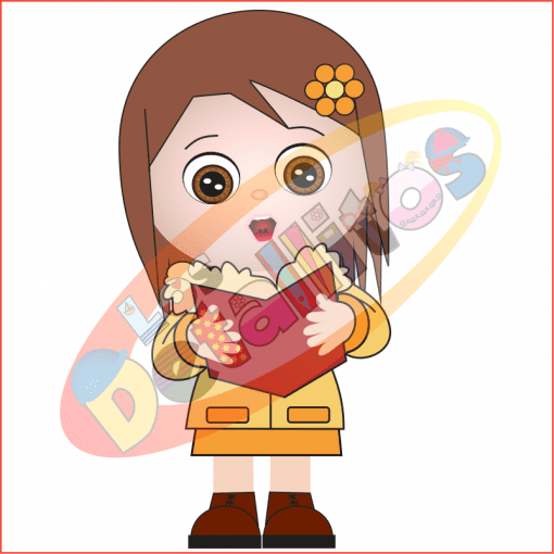 Caricatura de una niña de cabello castaño, vestida con un traje amarillo y zapatos marrones, comiendo con avidez palomitas de maíz de un gran cubo rojo rodeada por un remolino multicolor y cantando villancicos del SET DE LOS DETALLITOS CANTANDO VILLANCICOS FONDO TRANSPARENTE.