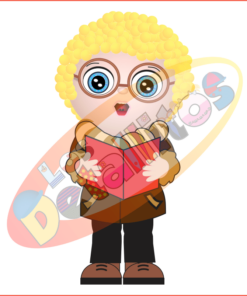 Ilustración de un personaje de dibujos animados con cabello rubio rizado y grandes gafas redondas, sosteniendo un libro abierto con letras y dígitos de colores arremolinándose a su alrededor, del SET DE LOS DETALLITOS CANTANDO VILLANCICOS FONDO TRANSPARENTE.