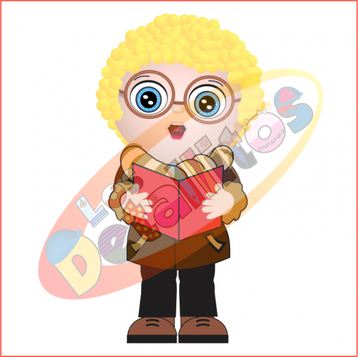 Ilustración de un personaje de dibujos animados con cabello rubio rizado y grandes gafas redondas, sosteniendo un libro abierto con letras y dígitos de colores arremolinándose a su alrededor, del SET DE LOS DETALLITOS CANTANDO VILLANCICOS FONDO TRANSPARENTE.