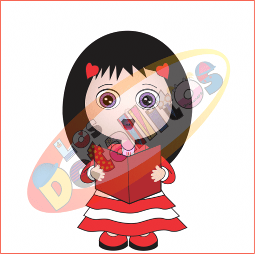 Una linda niña de dibujos animados con ojos grandes y un corte de pelo bob, vestida con un vestido rojo y blanco, cantando alegremente villancicos rodeada de letras y formas coloridas con un SET DE LOS DETALLITOS CANTANDO VILLANCICOS FONDO TRANSPARENTE.