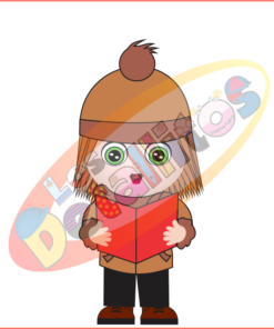 Ilustración de un personaje de dibujos animados con gorro de invierno, gafas y sosteniendo un libro, con formas geométricas estilizadas y coloridas sobre un fondo transparente de SET DE LOS DETALLITOS CANTANDO VILLANCICOS FONDO TRANSPARENTE.