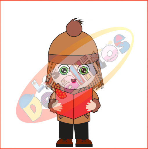 Ilustración de un personaje de dibujos animados con gorro de invierno, gafas y sosteniendo un libro, con formas geométricas estilizadas y coloridas sobre un fondo transparente de SET DE LOS DETALLITOS CANTANDO VILLANCICOS FONDO TRANSPARENTE.