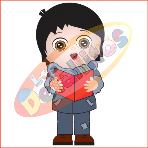 Una descripción de un niño de dibujos animados con ojos grandes, sosteniendo un libro rojo bien abierto, con letras y números coloridos flotando a su alrededor sobre un fondo transparente, sugiriendo un tema educativo o de aprendizaje usando el SET DE LOS DETALLITOS CANTANDO VILLANCICOS FONDO TRANSPARENTE.