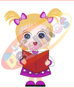 Una caricatura de una joven con coletas rubias, vestida con un vestido morado y rosa, leyendo un libro rojo 