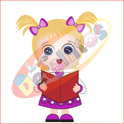 Una caricatura de una joven con coletas rubias, vestida con un vestido morado y rosa, leyendo un libro rojo "SET DE LOS DETALLITOS CANTANDO VILLANCICOS". Las letras coloridas del alfabeto aparecen en el fondo sobre un fondo transparente.