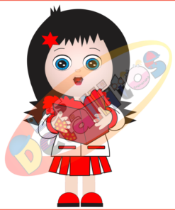 Una niña de dibujos animados con ojos grandes y cabello negro decorado con un clip de estrella roja, vestida con un traje rojo y blanco, sosteniendo con entusiasmo un SET DE LOS DETALLITOS CANTANDO VILLANCICOS FONDO TRANSPARENTE sobre un fondo transparente.