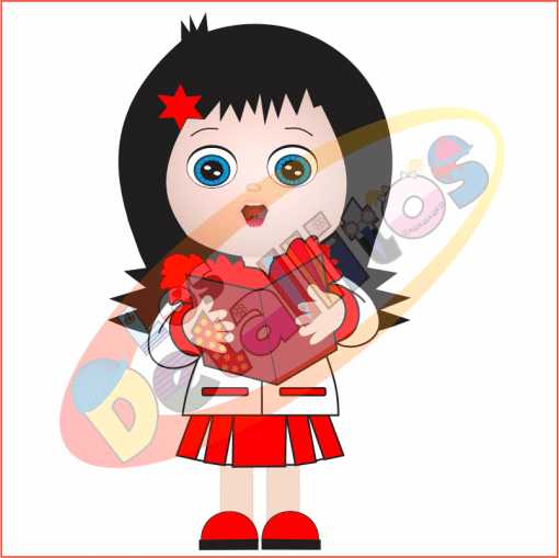 Una niña de dibujos animados con ojos grandes y cabello negro decorado con un clip de estrella roja, vestida con un traje rojo y blanco, sosteniendo con entusiasmo un SET DE LOS DETALLITOS CANTANDO VILLANCICOS FONDO TRANSPARENTE sobre un fondo transparente.