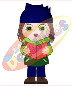 Descripción: Dibujo de un niño con grandes ojos, llevando una gorra azul y una chaqueta verde, felizmente sosteniendo un SET DE LOS DETALLITOS CANTANDO VILLANCICOS rodeado de coloridas letras del alfabeto en un fondo transparente.