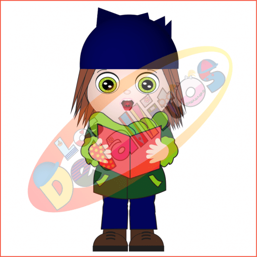 Descripción: Dibujo de un niño con grandes ojos, llevando una gorra azul y una chaqueta verde, felizmente sosteniendo un SET DE LOS DETALLITOS CANTANDO VILLANCICOS rodeado de coloridas letras del alfabeto en un fondo transparente.