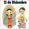 Dos figuras estilizadas de dibujos animados representan la Decoración Salón Virgen De Guadalupe Y San Juan Diego, rodeadas de rosas, sobre un fondo que dice "12 de Diciembre".