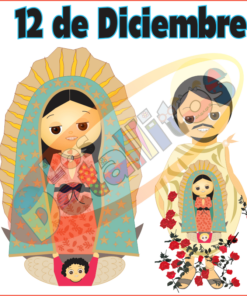 Dos figuras estilizadas de dibujos animados representan la Decoración Salón Virgen De Guadalupe Y San Juan Diego, rodeadas de rosas, sobre un fondo que dice "12 de Diciembre".