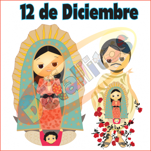Dos figuras estilizadas de dibujos animados representan la Decoración Salón Virgen De Guadalupe Y San Juan Diego, rodeadas de rosas, sobre un fondo que dice "12 de Diciembre".