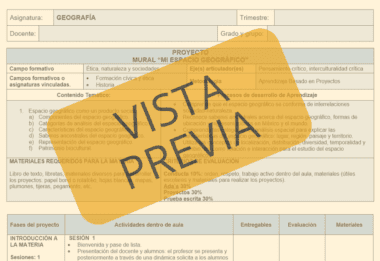 Documento de proyecto de geografía para "Planeación Geografía Primer grado Secundaria Trimestre I" en el que se destaca **VISTA PREVIA** en texto naranja y negrita. El documento detalla los detalles del proyecto, los requisitos, las fases, los recursos y los criterios de evaluación para el primer trimestre.