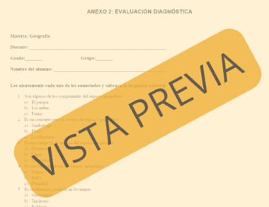 La imagen muestra un documento titulado "Anexo 2: Evaluación Diagnóstica" destinado a un curso de geografía, diseñado específicamente para la "Planeación Geografía Primer grado Secundaria Trimestre I". El texto superpuesto en negrita dice "VISTA PREVIA" y el documento incluye campos para información de los estudiantes junto con preguntas de opción múltiple.