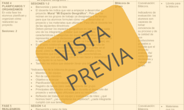 Una hoja de cálculo en español titulada "Planeación Geografía Primer grado Secundaria Trimestre I" con planes de lecciones actualizados está superpuesta por un gran sello naranja semitransparente "VISTA PREVIA" en letras mayúsculas.
