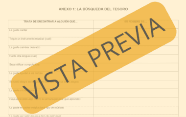 Explore una hoja de trabajo en español para el trimestre 1 titulada "Anexo 1: La Búsqueda del Tesoro", vinculada al plan de estudios de Planeación Geografía Primer grado Secundaria Trimestre I. La cuadrícula presenta indicaciones como "Trata de encontrar a alguien que..." con espacios designados para respuestas. Se superpone una prominente marca de agua diagonal "Vista Previa", que combina la diversión con las nuevas reformas educativas.