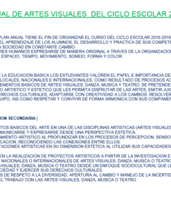 La imagen muestra un documento de texto detallado en español que describe los objetivos anuales de los cursos de artes visuales para el año académico 2018-2019, incluidas las intenciones educativas y los enfoques metodológicos.