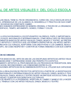 La imagen muestra un documento de texto detallado en español que describe un plan artístico anual para el año escolar 2018-2019, específicamente para artes visuales. el texto incluye objetivos, métodos y proyectos previstos.