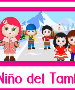 Ilustración de una imagen enmarcada del Tema Musical El Niño Del Tambor que presenta a cinco niños de dibujos animados con tambores en un paisaje nevado con montañas y una cabaña al fondo.