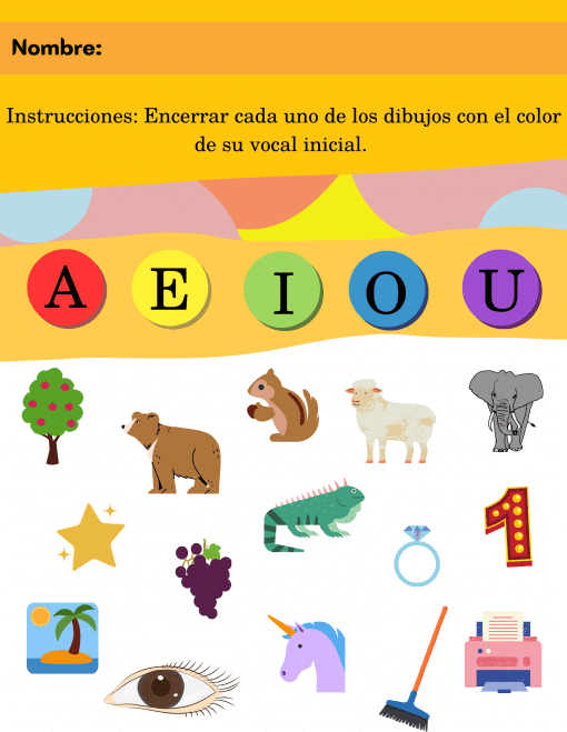Ficha educativa con vocales y varias imágenes como un árbol, un oso, una ardilla, una oveja, un elefante, etc., para que los niños relacionen las vocales iniciales con las imágenes correspondientes.