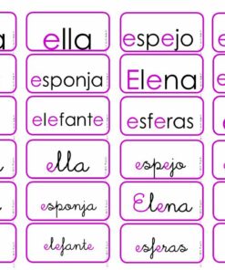 La Planeación De Clase Vocales E U es una colección de palabras en español en dos columnas, cada palabra escrita tanto en letra impresa como en cursiva. Las palabras incluyen 