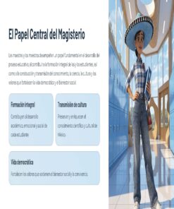 Guía de Apoyo Promoción Vertical Función Directiva en Educación Especial - USICAMM 2026 - 2027 + (Simulador 90 Reactivos) 21 Una ilustración digital de una estudiante sonriente con sombrero en el pasillo de una escuela. Junto a ella, un texto en español explica las funciones clave de los profesores en la educación, la cultura y la democracia, con secciones resaltadas en recuadros azules.
